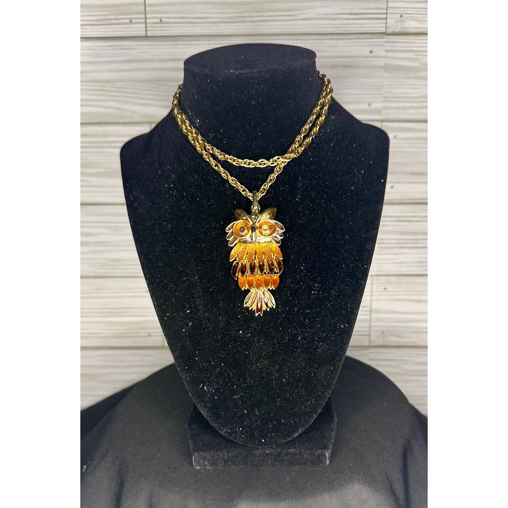 SAC Owl Pendant Necklace Gold Tone Orange Good Articulated Vintage *Callout*